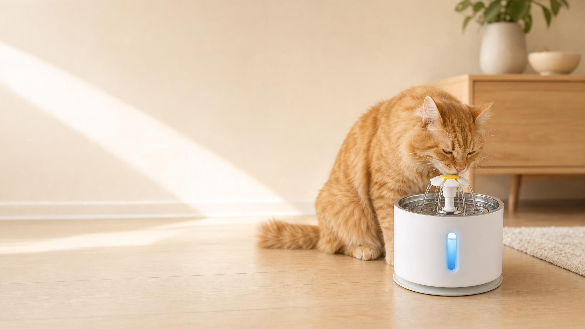 Ginger cat drinking from the Purrspring fountain in a sunny living room